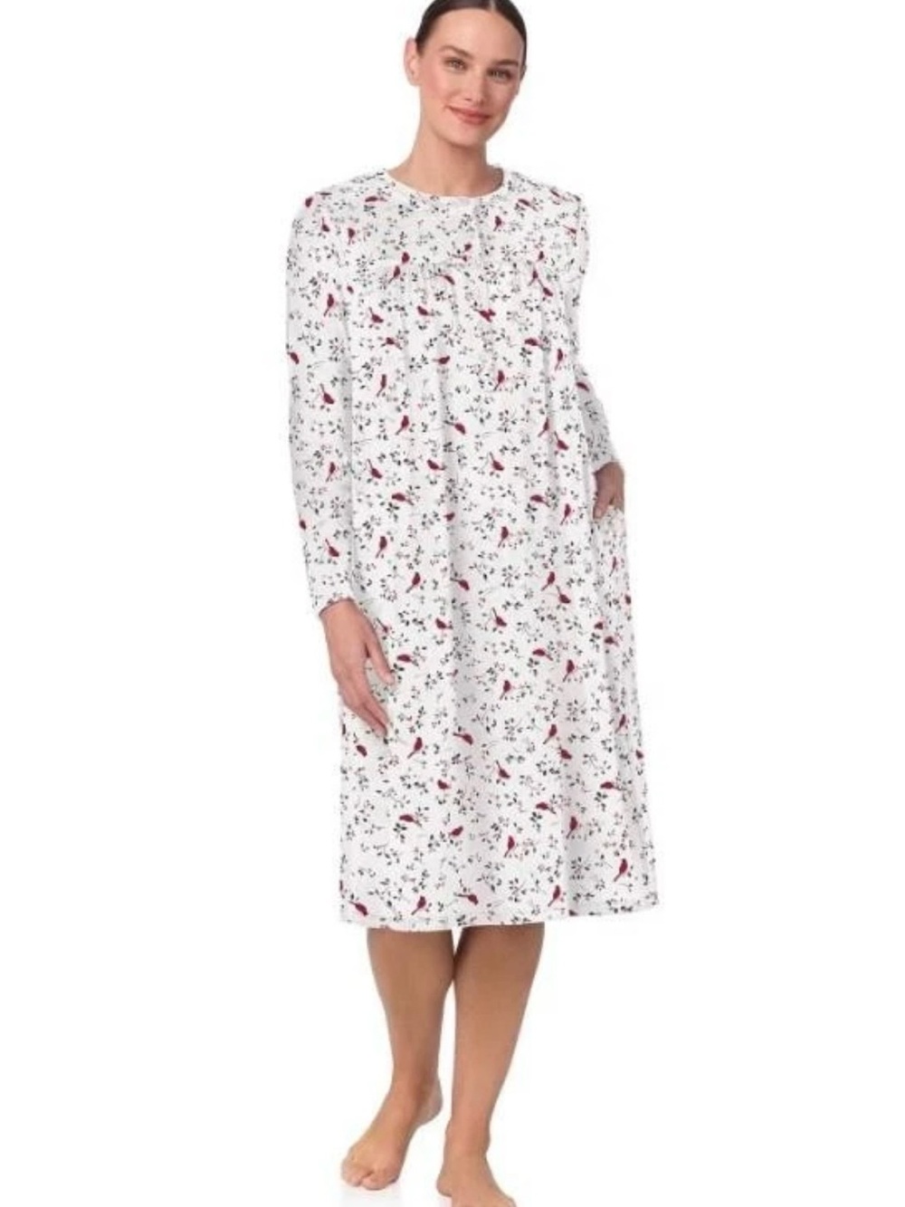 Cardinal Bird Print Sz XL Soft Velour Lounge Night Gown Pockets ARIA